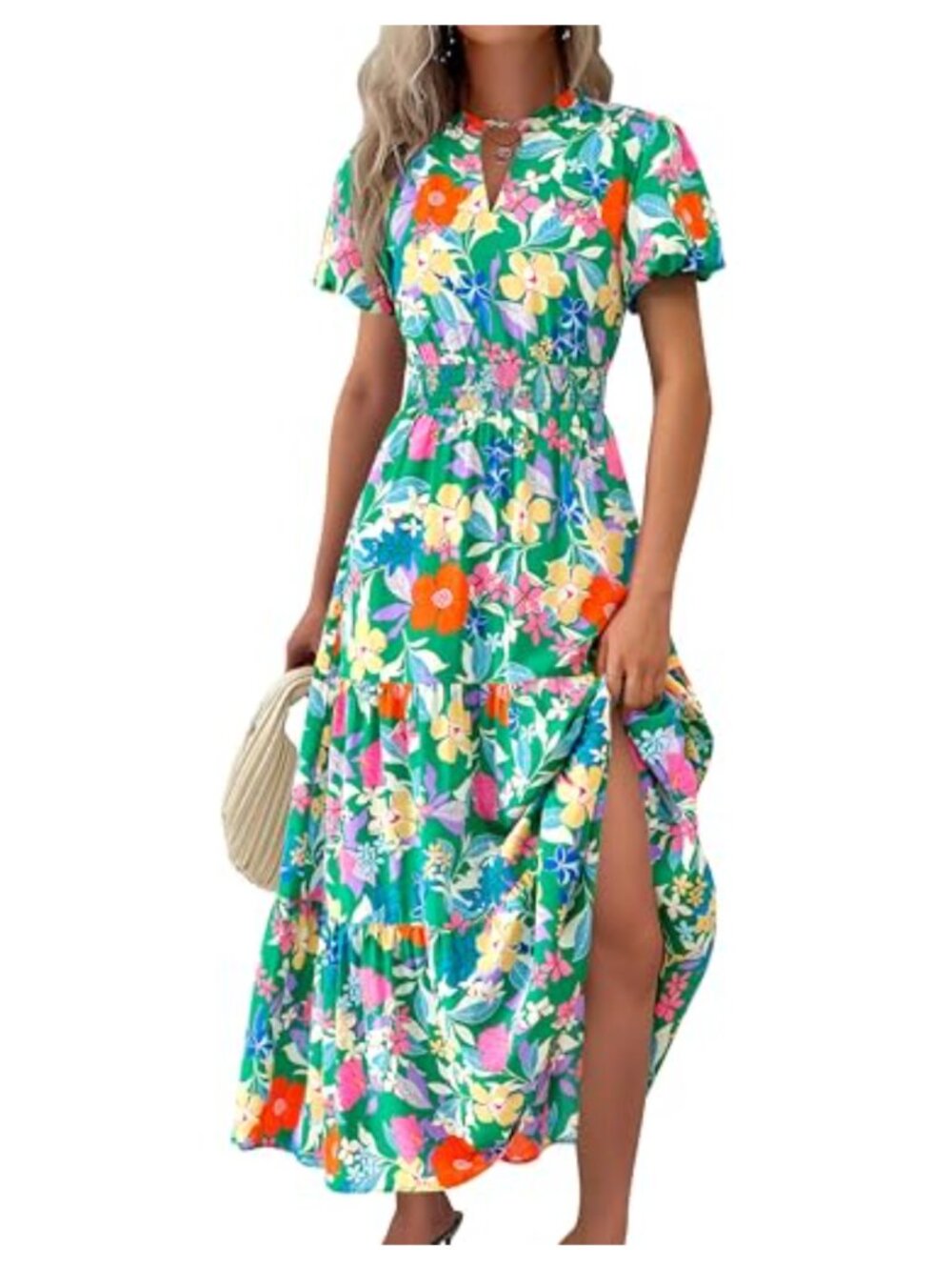 Womens Maxi Dress V Neck Puff Short Sleeve Smocked Flowy Beach Boho
